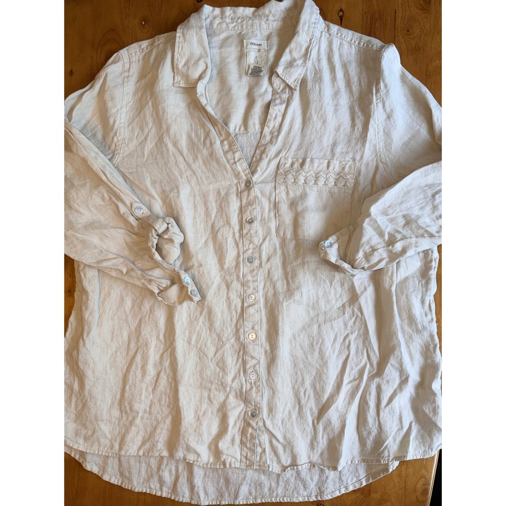 Joie 100% Linen Crochet Trim Button Up Shirt Beige 2X Plus Size Long Sleeve